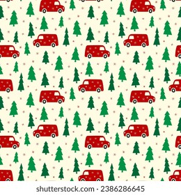 Small red delivery vans, Christmas trees and snowflakes isolated on a white background. Cute holiday seamless pattern. Vector simple flat graphic illustration. Texture.