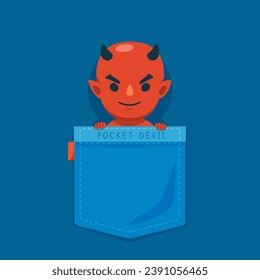 Small Red Devil in a pocket. Isolated Vector Illustration