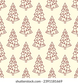 Small red elegant contour linear Christmas trees isolated on a white background. Cute monochrome holiday seamless pattern. Vector simple flat graphic illustration. Texture.