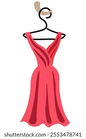 A small red evening dress is hanging on a hanger