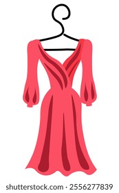 A small red evening dress is hanging on a hanger