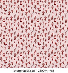 Small red floral pattern with delicate elements, seamlessly repeating. Ideal for textiles, wallpapers, and backgrounds. Vector illustration isolated on a white background.