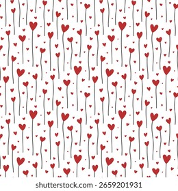 Pequeños corazones de flores rojas aislados sobre fondo blanco. Lindo patrón sin costuras. Vector simple ilustración gráfica plana. Textura.