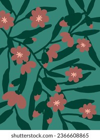 Small red flowers and leaves patterns on green background for web banner branding package fabric print wallpaper social media post doodle, notes, covers, wall decor, templates