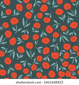 A lot of small red flowers on dark green background. vector illustration.	
