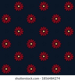 Small red flowers pattern simple geo motif ditsy floral ornament royal blue background. Elegance allover print block for apparel textile, ladies dress fabric, fashion garment, scrap paper, book cover.