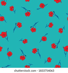 Small red flowers with a turquoise background. Vector seamless pattern.