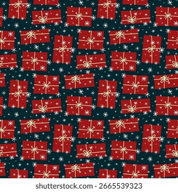 Small red gift boxes and snowflakes isolated on dark blue background. Cute seamless pattern. Vector simple flat graphic hand drawn illustration. Texture.