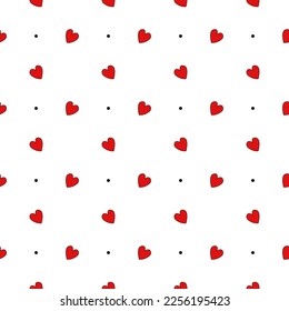 Kleines rotes Herz mit kleinen Stoffmustern aus Punktgewebe. Nahtlose Liebe Herz Design, Vektorhintergrund. Nahtlose Muster am Valentinstag. Die nahtlose Textur mit hart.