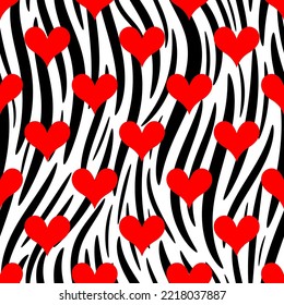 Small red hearts and black vertical curved lines isolated on white background. Cute seamless pattern. Vector simple flat graphic illustration. Texture.