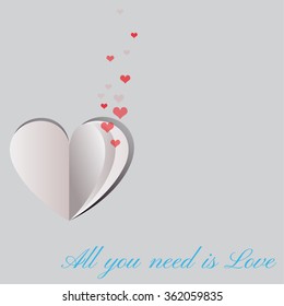 Small red hearts coming out of a folded paper heart shape on gray background for Happy Valentine's Day celebrations. All you need is Love text message. Vector