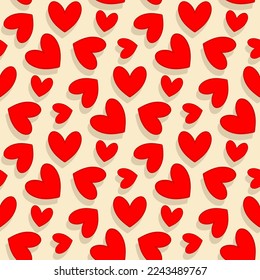 Small red hearts isolated on a beige background. Cute festive seamless pattern. Vector simple flat graphic illustration. Texture.