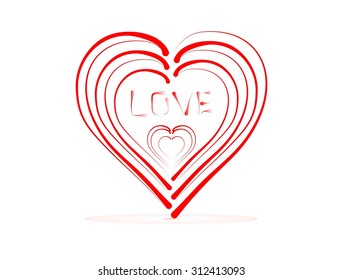 Small red hearts in a large heart with the word love with red shadow on white background
