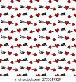 Pequeños corazones rojos atravesados por una flecha negra aislada sobre un fondo blanco. Lindo patrón sin costuras. Ilustración gráfica de Vector plano simple. Textura.