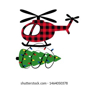 
Small red helicopter with a Christmas tree and a garland of light bulbs. Festive Christmas delivery. Vector illustration.Cartoon style.