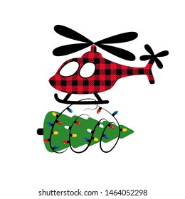 
Small red helicopter with a Christmas tree and a garland of light bulbs. Festive Christmas delivery. Vector illustration.Cartoon style.