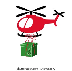 
Small red helicopter delivers a box with a gift.  Festive Christmas illustration. Cartoon style.Vector image. 

