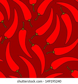 small red hot chilly pepper with outline on red seamless pattern