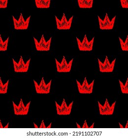 Pequeñas coronas de tinta roja aisladas en un fondo negro. Patrón monocromo monocromo real sin soldadura. Dibujo gráfico plano vectorial simple a mano. Textura.