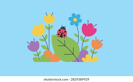 Small red ladybug with black spots rests on a large green leaf surrounded by an array of colorful cartoon flowers on a light blue background.