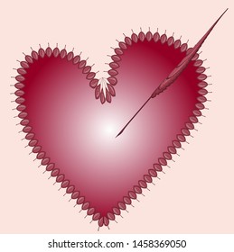 Small red leaves in the form of a frame in the shape of a heart pierced by an arrow from a large leaf. The illustration on the theme - golden autumn has come. Falling leaves. Broken heart, unrequited