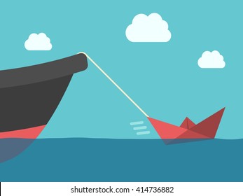 Small red paper boat hauling big metallic ship. Power, success, energy, motivation, achievement and potential concept. EPS 10 vector illustration, transparency used