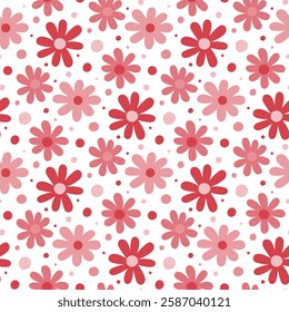 Small red and pink flowers and dots isolated on white background. Cute floral seamless pattern. Vector simple flat graphic hand drawn illustration. Texture.