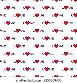 Los corazones de los pequeños píxeles rojos y las palabras azules adoran aislados en el fondo blanco. Patrón perfecto. Ilustración gráfica plana vectorial simple. Textura.