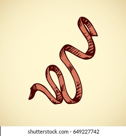 Small red romantic silk spiral twirl tag serpentine roll isolated on white backdrop. Freehand ink hand drawn object sketchy in retro art scribble style pen on paper. Closeup view with space for text