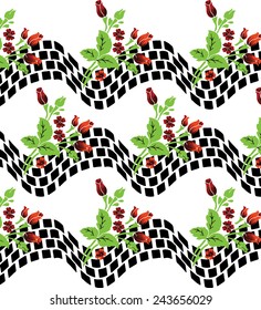 Small red roses and curved shapes background beautiful black.