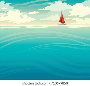 Small red sailboat and deep blue sea on a cloudy sky background. Summer vector seascape. Nature illustration.