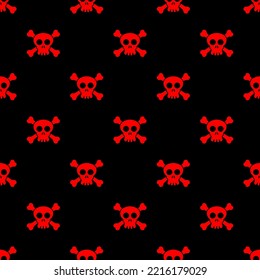 Small red skulls and crossbones isolated on black background. Cute monochrome seamless pattern. Vector simple flat graphic illustration. Texture.