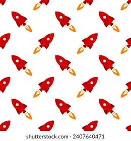 Small red space rockets isolated on a white background. Cute seamless pattern. Vector simple flat graphic illustration. Texture.