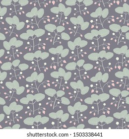 Small Red strawberry green leaves and white flower seamless fruit pattern flora background
