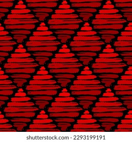 Small red striped ink rhombuses isolated on black background. Geometric seamless pattern. Vector simple flat graphic hand drawn illustration. Texture.