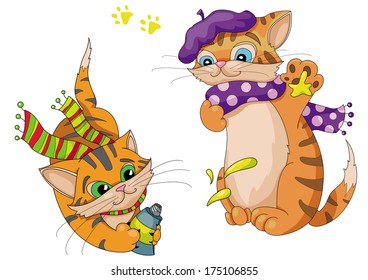 small red striped kittens playing with artists paints