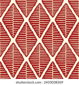 Small red striped rhombuses isolated on a white background. Geometric seamless pattern. Vector simple flat graphic hand drawn illustration. Texture.