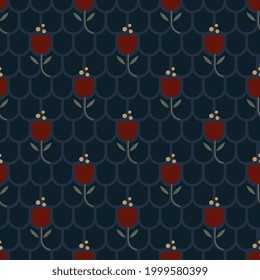 Small red tulips ditsy floral motif vine pattern abstract line shapes organic geometric continuous background. Colorful ladies dress modern exquisite fabric design textile swatch all over print block.