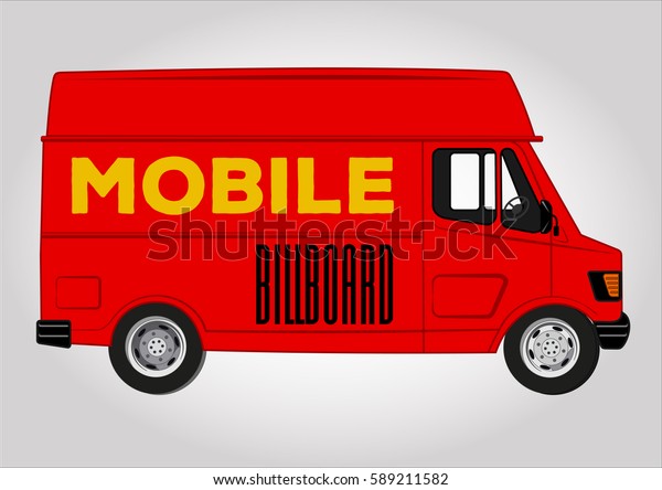 Small Red Van,\
side view. Solid and Flat color design. Vector illustration for\
Corporate identity. Blank mobile billboard template isolated on\
white background. 