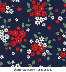 Small Red And White Stock Vector Flowers Leaves Pattern On Navy Background