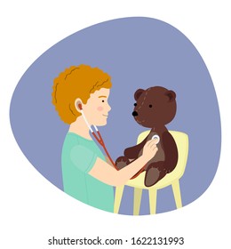 Small redhead boy playing a doctor with plush teddy bear toy. Kid examining patient. Isolated flat cartoon vector for print and web projects
