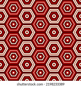 Small red-white hexagons and circles isolated on a dark background. Cute tiled geometric seamless pattern. Vector simple flat graphic illustration. Texture.