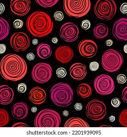 Small red-white spiral circles isolated on black background. Cute floral geometric seamless pattern. Vector simple flat graphic illustration. Texture.