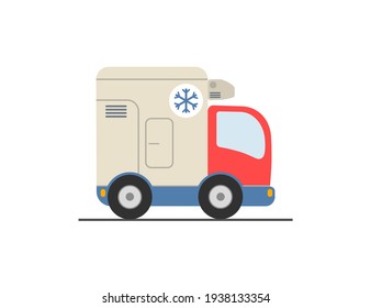 Small Refrigerated Truck With Snowflake Symbol Stylized In Flat Style. Delivery Service Refrigerated Food. Vector Illustration