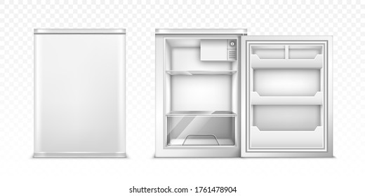 Small Refrigerator With Open And Closed Door. Vector Realistic Mockup Of Empty Mini Fridge For Kitchen Or Restaurant. White Cooler Equipment In Front View Isolated On Transparent Background