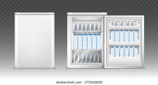 Small refrigerator with open and closed door. Vector realistic mockup of mini fridge for kitchen or restaurant full of plastic bottles with water and aluminum cans. White cooler for drinks