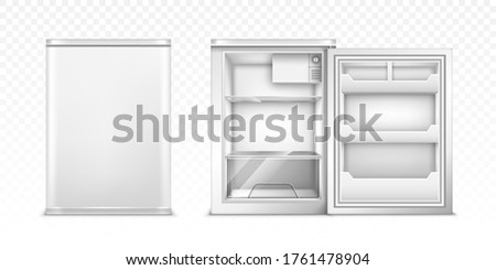 Small refrigerator with open and closed door. Vector realistic mockup of empty mini fridge for kitchen or restaurant. White cooler equipment in front view isolated on transparent background