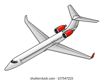 A small regional jet with red engines. 