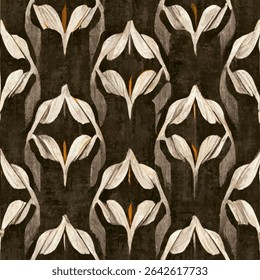 Small repeating pattern of calla lilies on a dark gray background, grunge lines ikat pattern, ikat seamless pattern, Vector illustration background for print the paper.