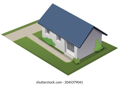 Small residential house with its garden and the sidewalk in front (cutout)